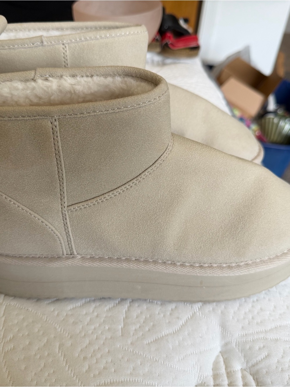 American Eagle Outfitters Women's Cream Suede Shearling Platform Ankle Boots